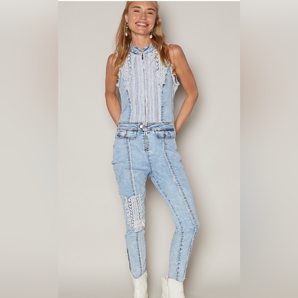POL Lace Light Blue Denim Sleeveless Stretch zipper Front Jumpsuit NWOT